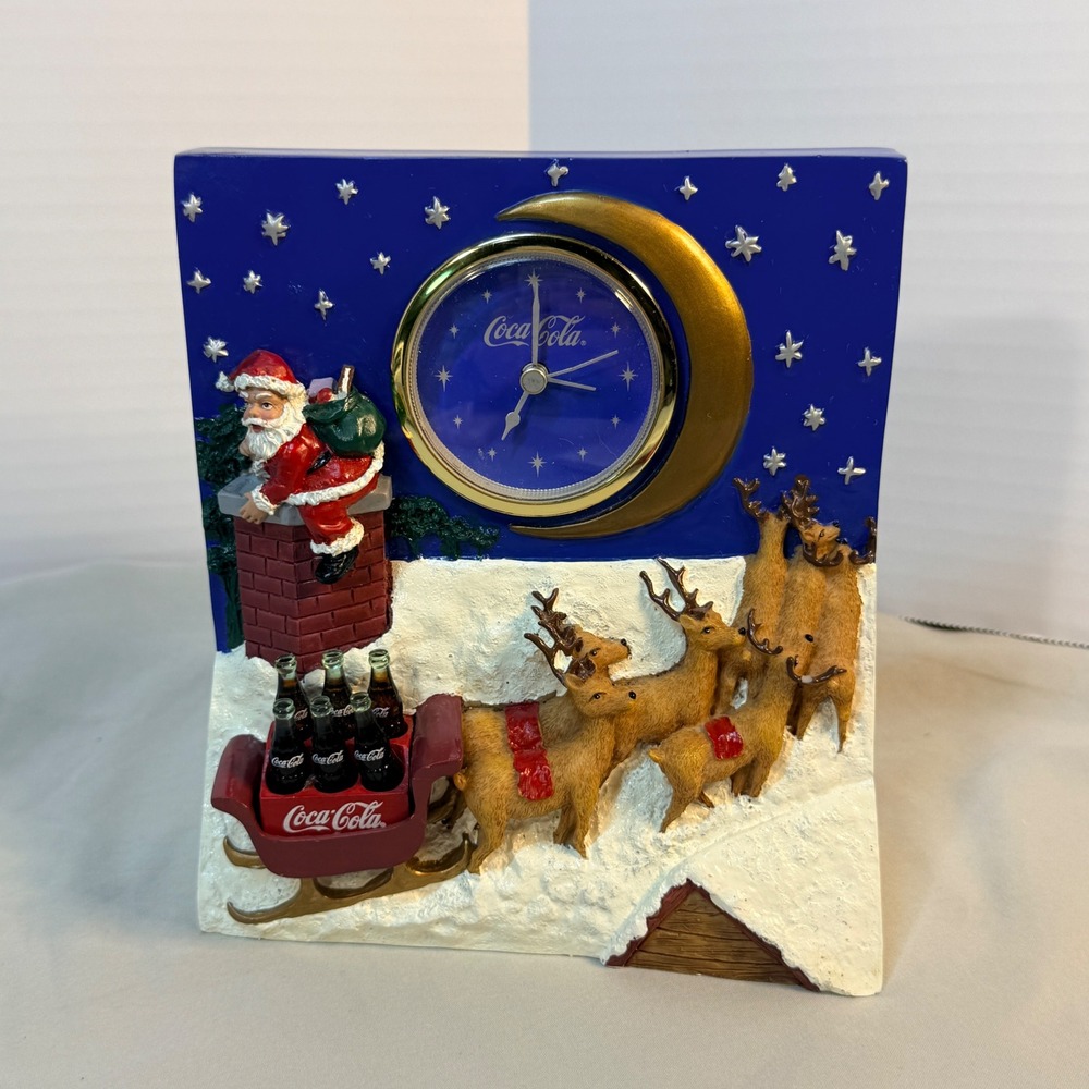 Vintage 1998 Coca-Cola Christmas Santa Reindeer Sleigh Desk Clock Blue Gold